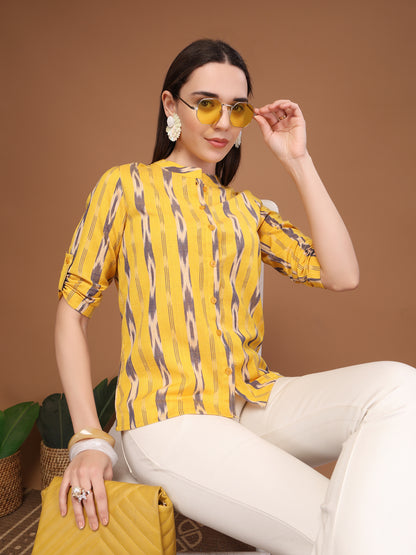 Vastraa Fusion Women's Solid Mandarin Collar 3/4 Sleeve Casual Shirt Lightweight Cotton Top