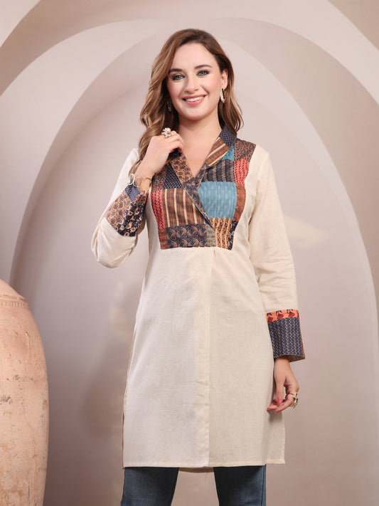 Vastraa Fusion Designer Printed Patchwork Straight Cotton Kurti for Women Casual & Office Wear