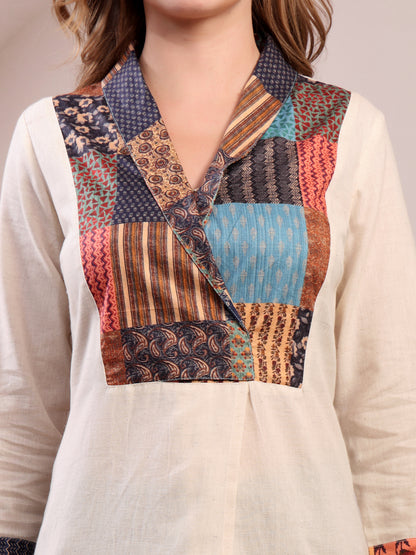 Vastraa Fusion Designer Printed Patchwork Straight Cotton Kurti for Women Casual & Office Wear