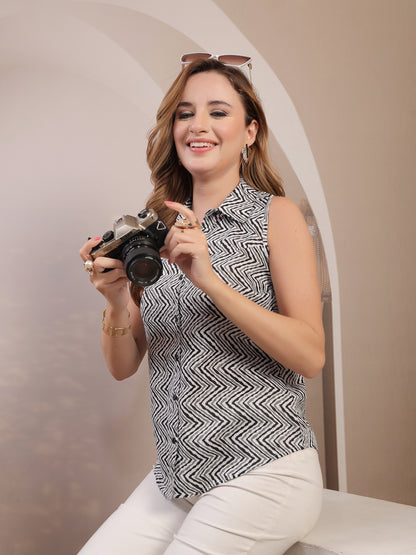 Vastraa Fusion Sleeveless Geometric Zigzag Printed Shirt Top for Women | Collared Button-Down Top-Shirt | Casual & Office Wear