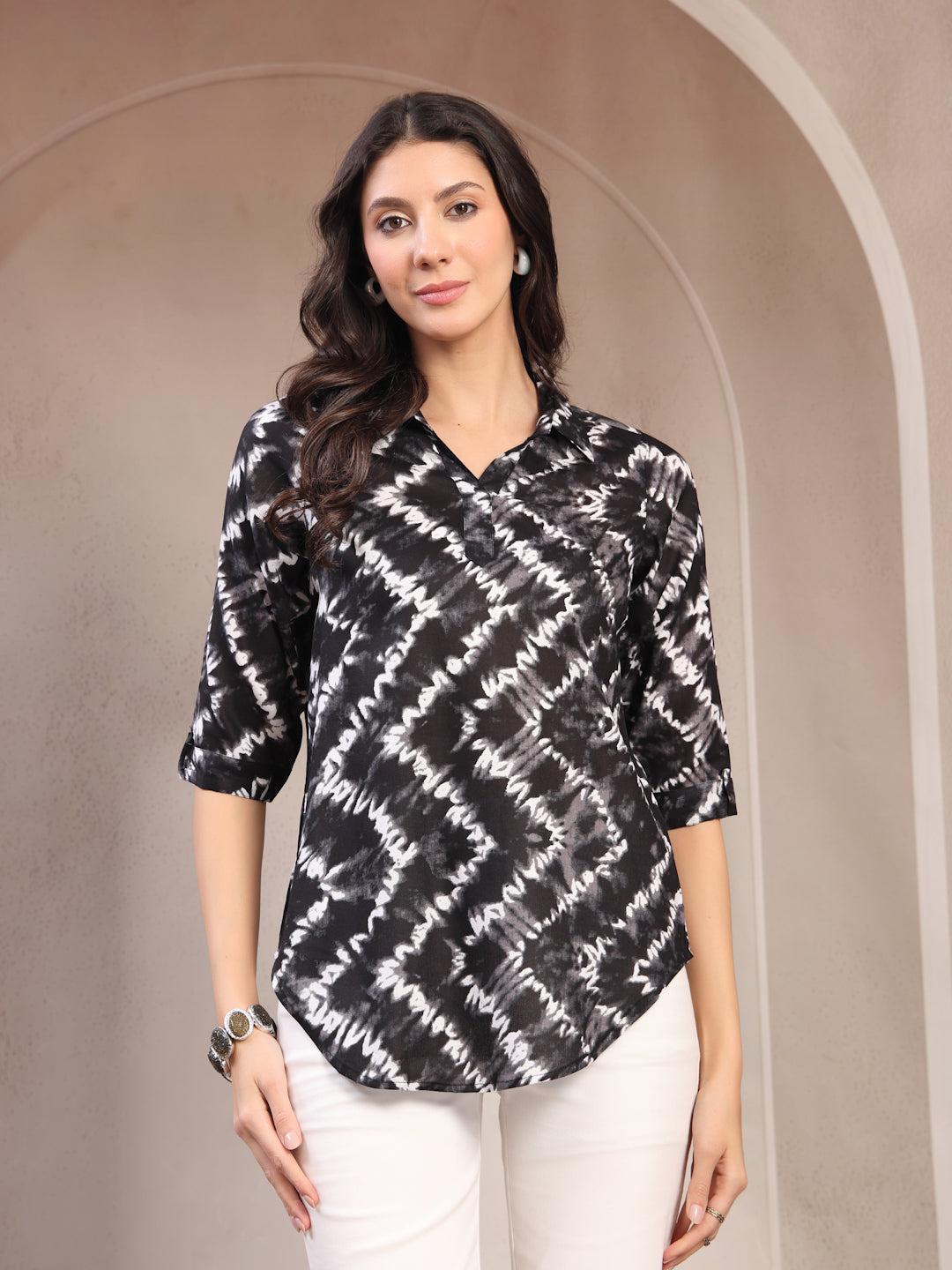 Vastraa Fusion Women’s Printed Casual Shirt Top |Abstract Print Casual Wear | Collared Neck | 3/4 Sleeve Regular Fit Top