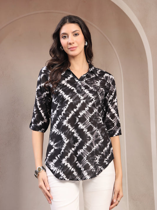 Vastraa Fusion Women’s Printed Casual Shirt Top |Abstract Print Casual Wear | Collared Neck | 3/4 Sleeve Regular Fit Top