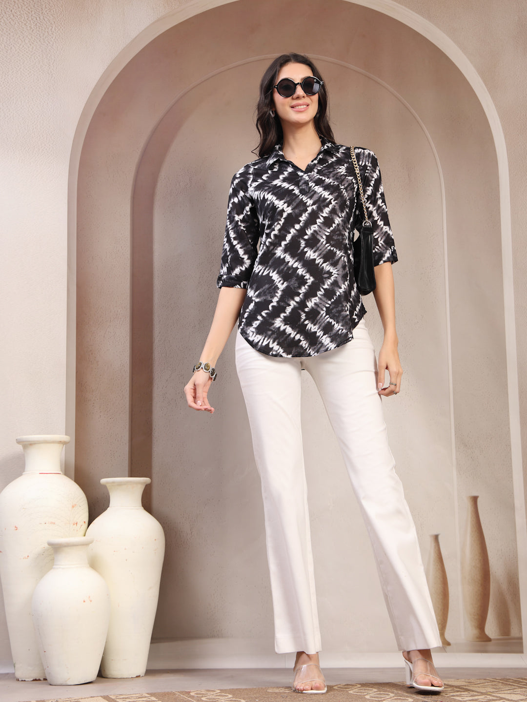 Vastraa Fusion Women’s Printed Casual Shirt Top |Abstract Print Casual Wear | Collared Neck | 3/4 Sleeve Regular Fit Top