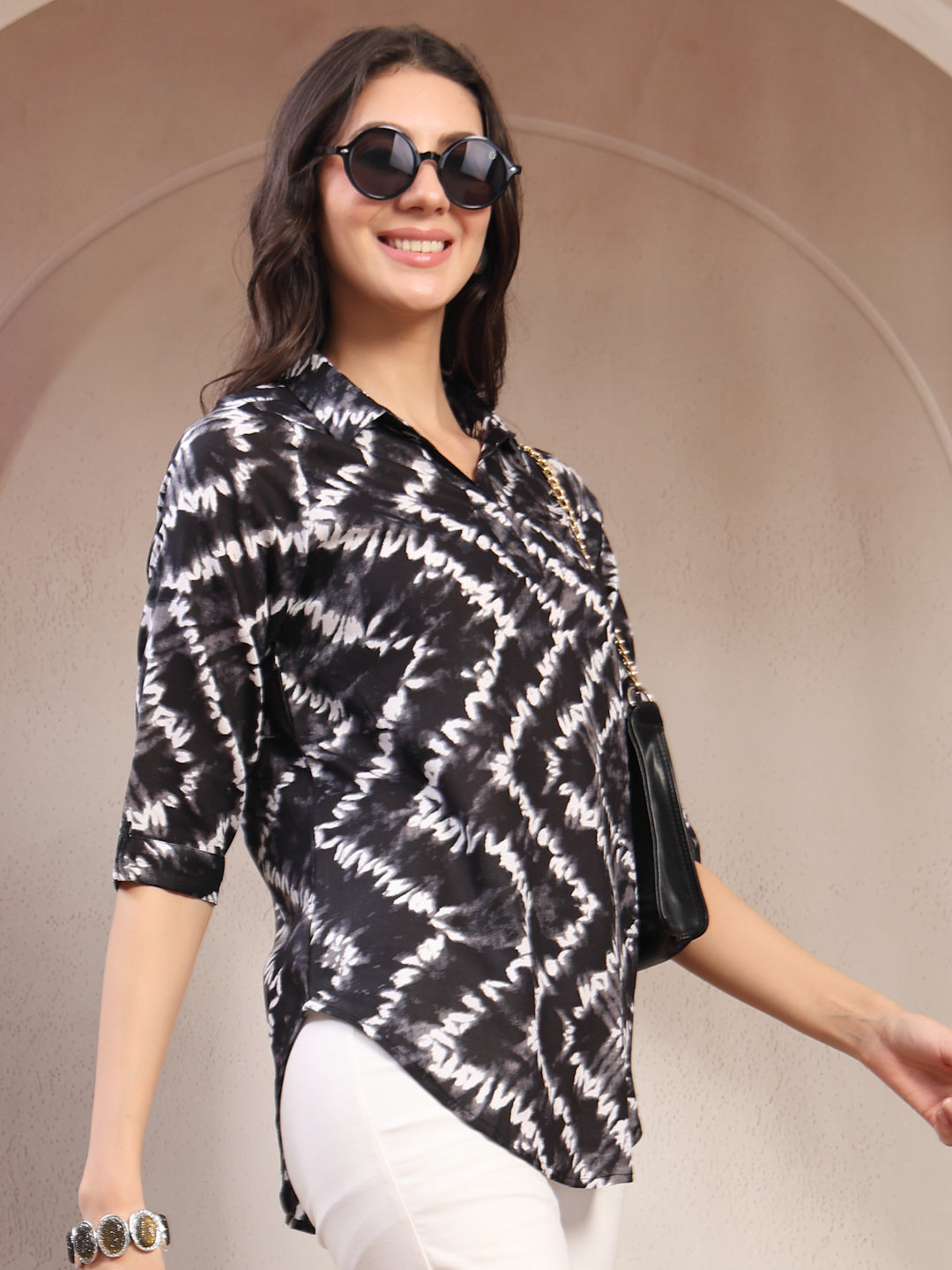 Vastraa Fusion Women’s Printed Casual Shirt Top |Abstract Print Casual Wear | Collared Neck | 3/4 Sleeve Regular Fit Top