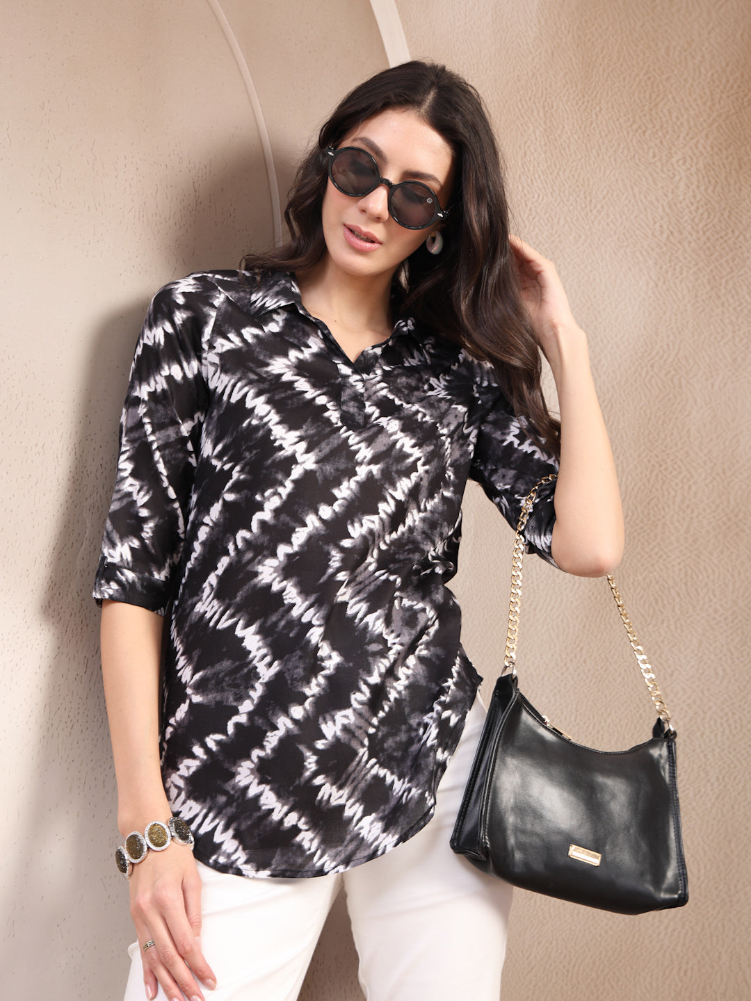 Vastraa Fusion Women’s Printed Casual Shirt Top |Abstract Print Casual Wear | Collared Neck | 3/4 Sleeve Regular Fit Top