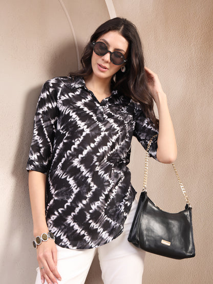 Vastraa Fusion Women’s Printed Casual Shirt Top |Abstract Print Casual Wear | Collared Neck | 3/4 Sleeve Regular Fit Top