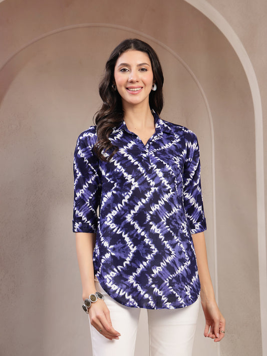 Vastraa Fusion Women’s Printed Casual Shirt Top |Abstract Print Casual Wear | Collared Neck | 3/4 Sleeve Regular Fit Top