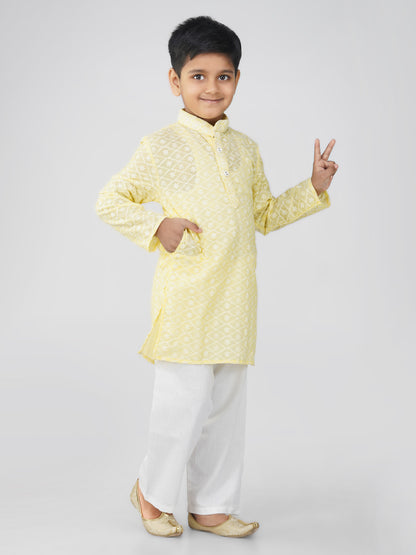 Vastraa Fusion Kid's Chikan Embroidery Kurta Pure Cotton Long Kurta