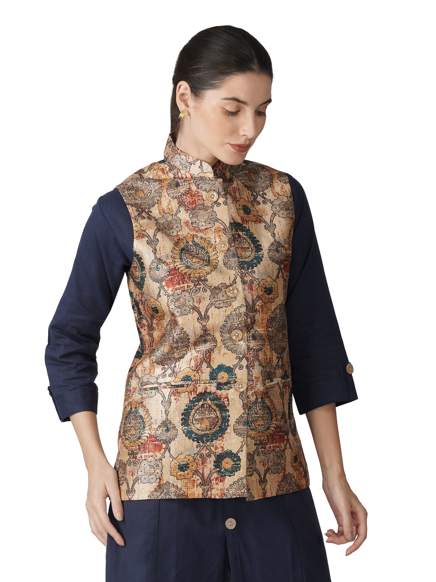 Digital Printed - Mango Silk Nehru Jacket Ladies Modi Jacket / Waistcoat