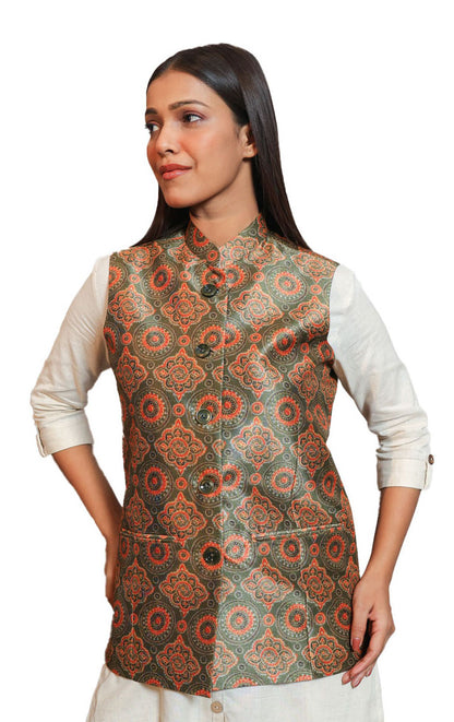 Digital Printed - Mango Silk Nehru Jacket Ladies Modi Jacket / Waistcoat