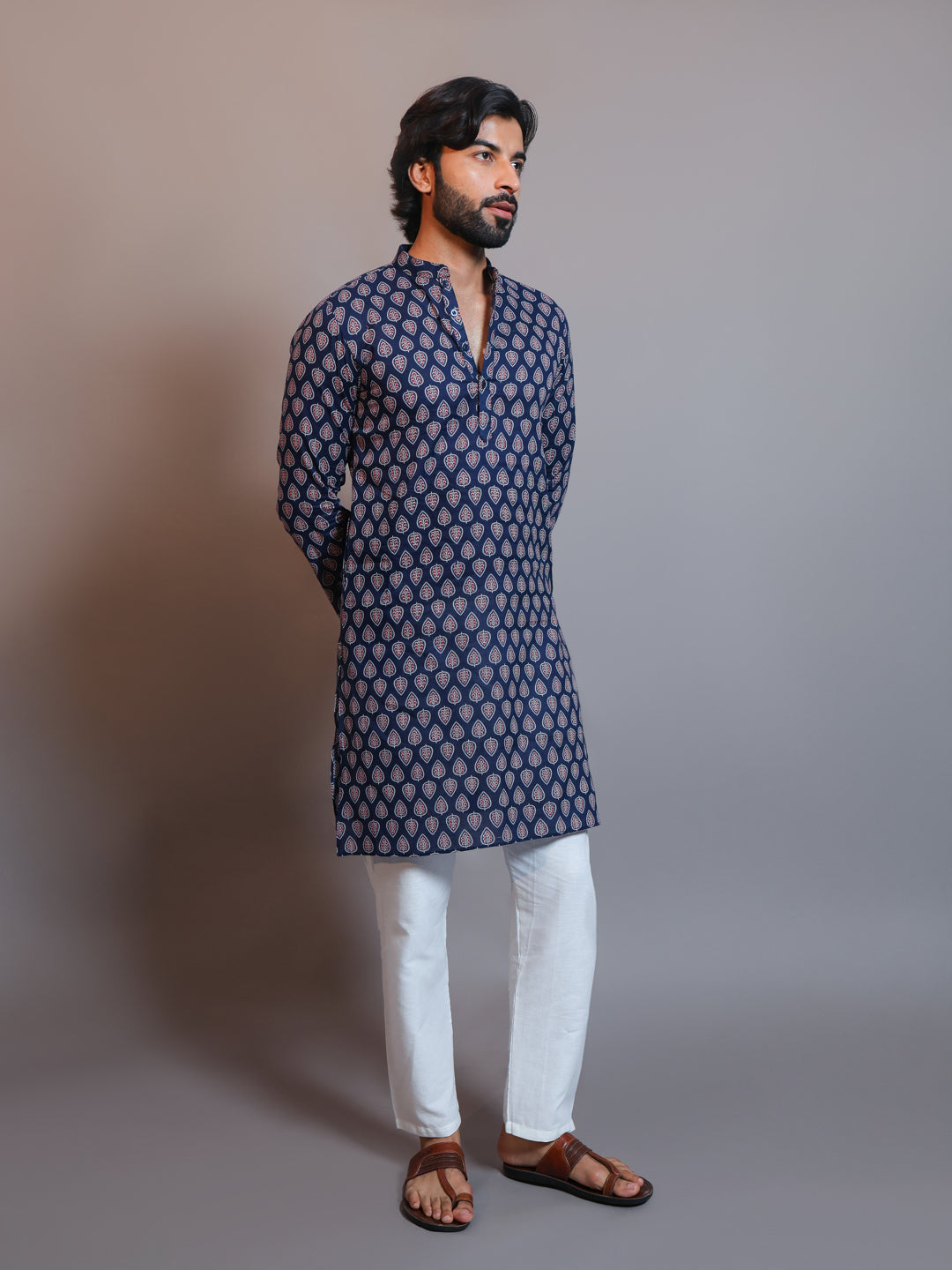 Vastraa Fusion Men's Printed Kurta Pure Cotton Long Kurta, Round Collar, Full Sleeves, Button Kurta, Ethnic Wear