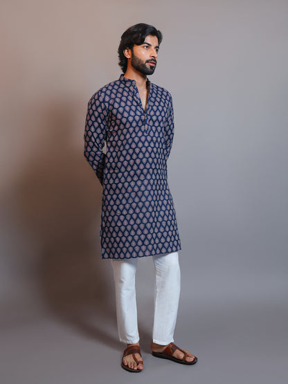 Vastraa Fusion Men's Printed Kurta Pure Cotton Long Kurta, Round Collar, Full Sleeves, Button Kurta, Ethnic Wear