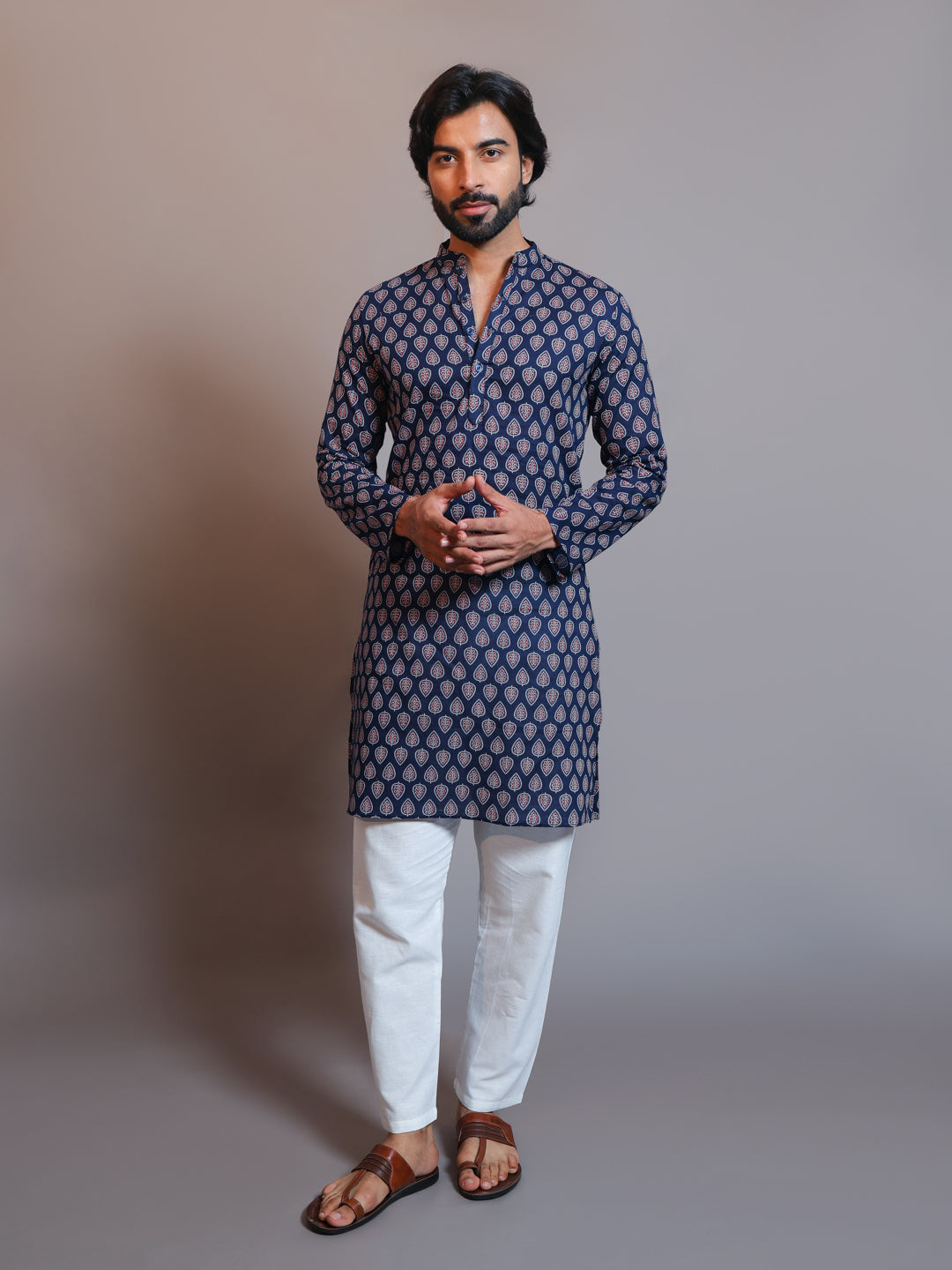 Vastraa Fusion Men's Printed Kurta Pure Cotton Long Kurta, Round Collar, Full Sleeves, Button Kurta, Ethnic Wear