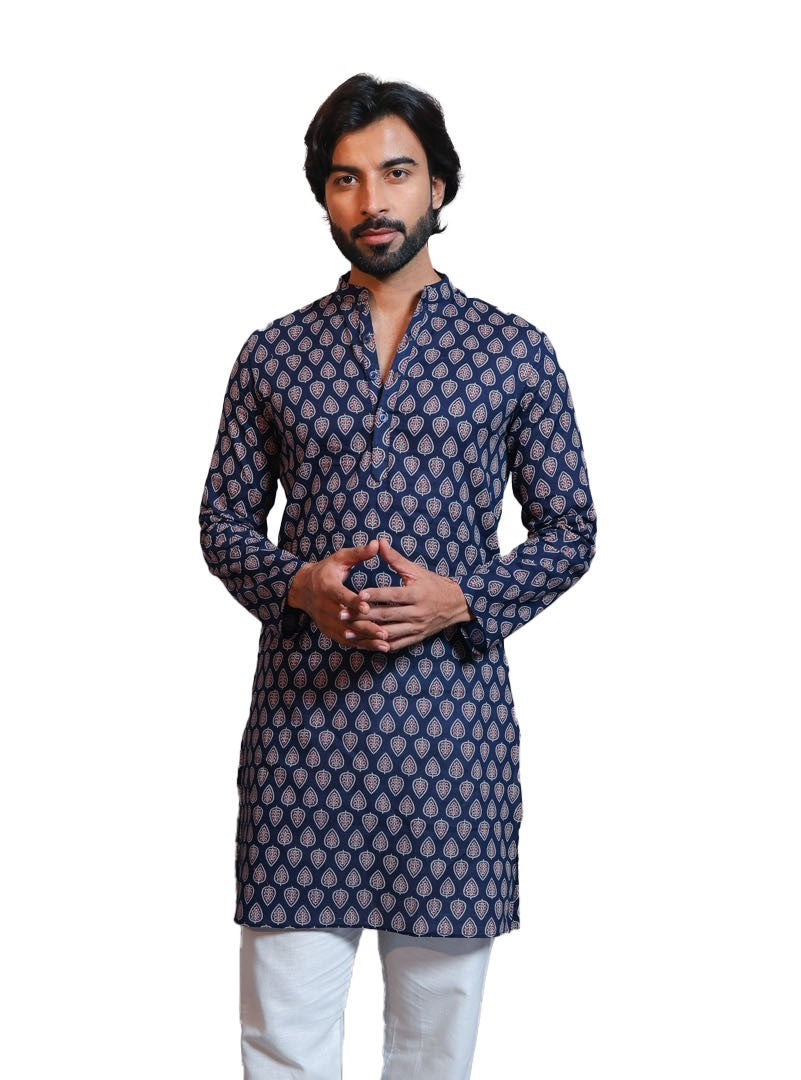 Vastraa Fusion Men's Printed Kurta Pure Cotton Long Kurta, Round Collar, Full Sleeves, Button Kurta, Ethnic Wear