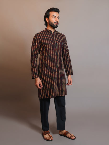 Vastraa Fusion Men's Printed Kurta Pure Cotton Long Kurta, Round Collar, Full Sleeves, Button Kurta, Ethnic Wear