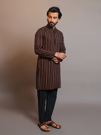 Vastraa Fusion Men's Printed Kurta Pure Cotton Long Kurta, Round Collar, Full Sleeves, Button Kurta, Ethnic Wear