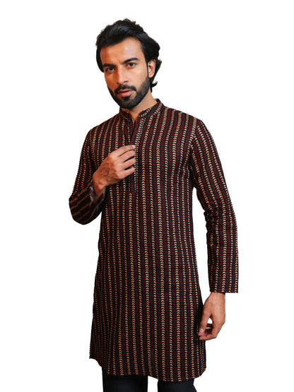 Vastraa Fusion Men's Printed Kurta Pure Cotton Long Kurta, Round Collar, Full Sleeves, Button Kurta, Ethnic Wear