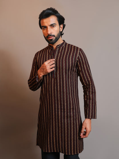 Vastraa Fusion Men's Printed Kurta Pure Cotton Long Kurta, Round Collar, Full Sleeves, Button Kurta, Ethnic Wear