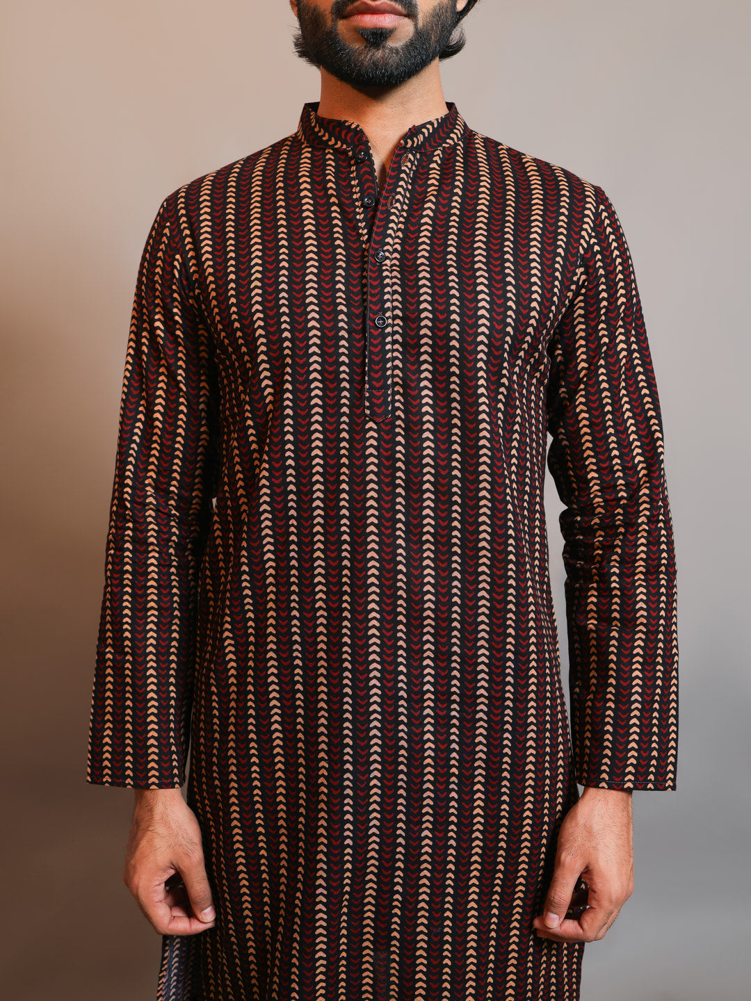 Vastraa Fusion Men's Printed Kurta Pure Cotton Long Kurta, Round Collar, Full Sleeves, Button Kurta, Ethnic Wear