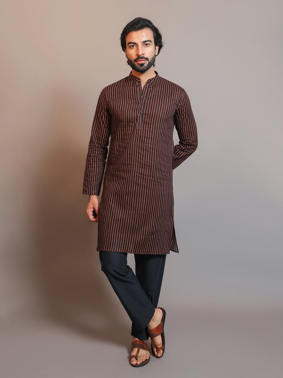 Vastraa Fusion Men's Printed Kurta Pure Cotton Long Kurta, Round Collar, Full Sleeves, Button Kurta, Ethnic Wear