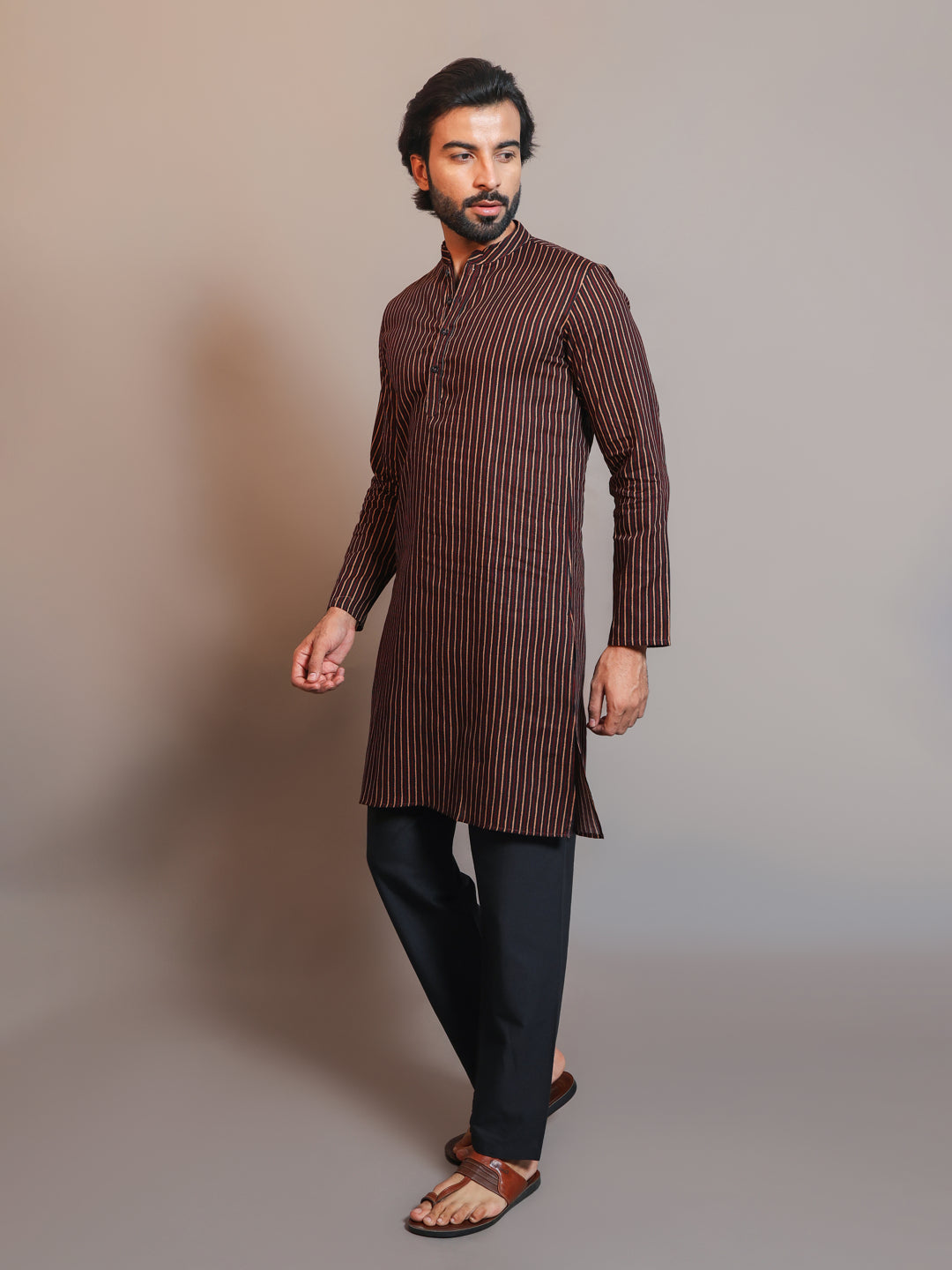 Vastraa Fusion Men's Printed Kurta Pure Cotton Long Kurta, Round Collar, Full Sleeves, Button Kurta, Ethnic Wear