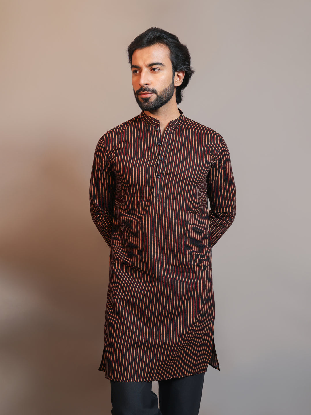 Vastraa Fusion Men's Printed Kurta Pure Cotton Long Kurta, Round Collar, Full Sleeves, Button Kurta, Ethnic Wear