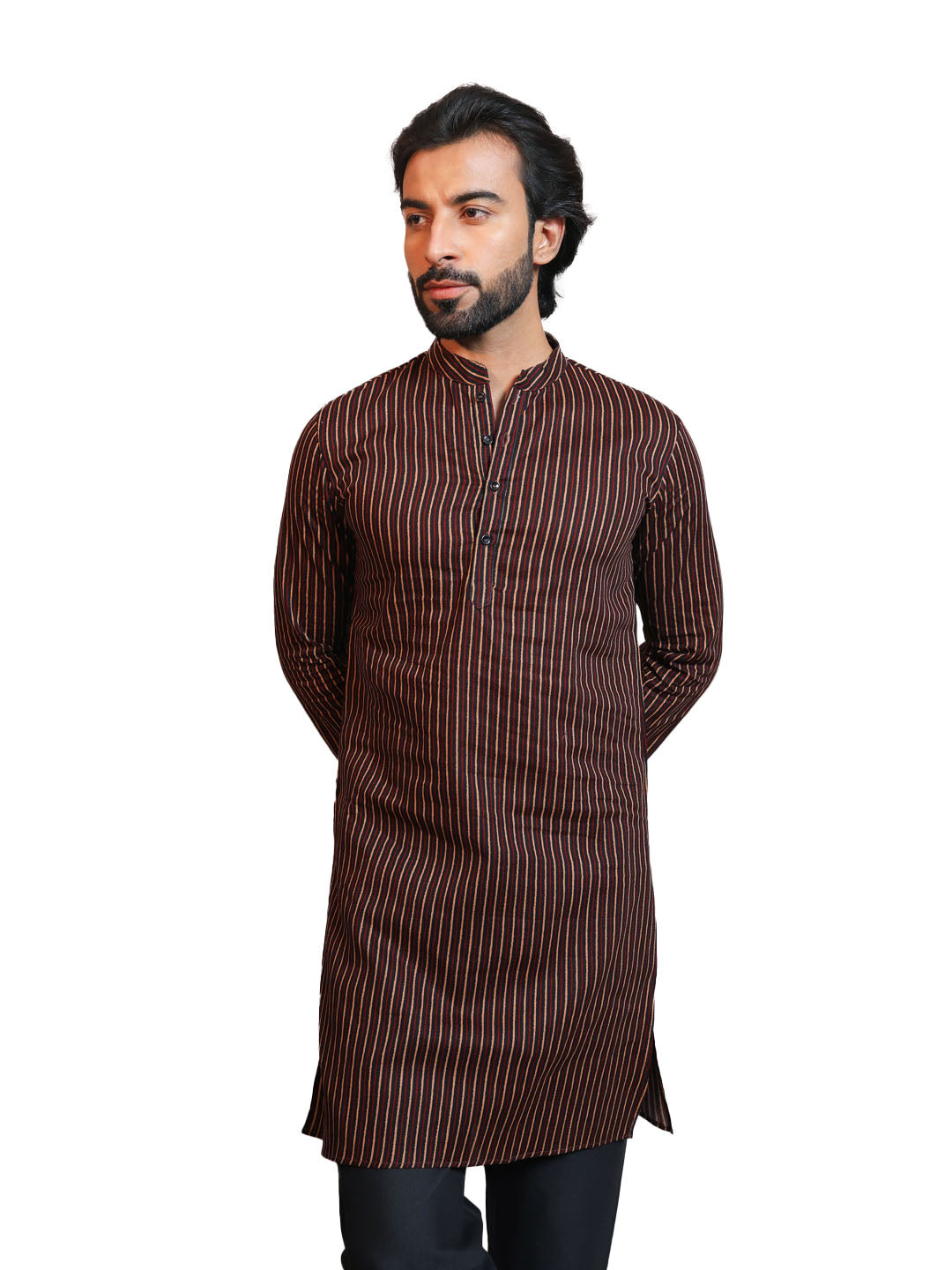 Vastraa Fusion Men's Printed Kurta Pure Cotton Long Kurta, Round Collar, Full Sleeves, Button Kurta, Ethnic Wear