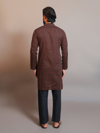 Vastraa Fusion Men's Printed Kurta Pure Cotton Long Kurta, Round Collar, Full Sleeves, Button Kurta, Ethnic Wear