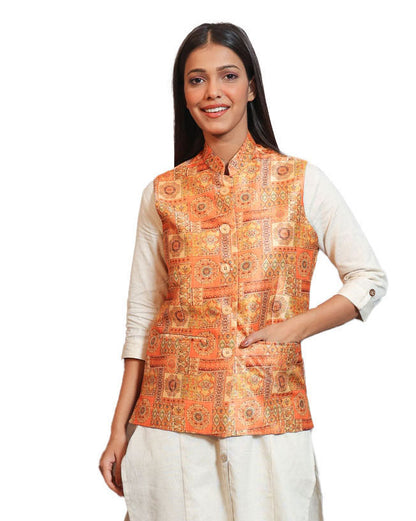 Digital Printed - Mango Silk Nehru Jacket Ladies Modi Jacket / Waistcoat