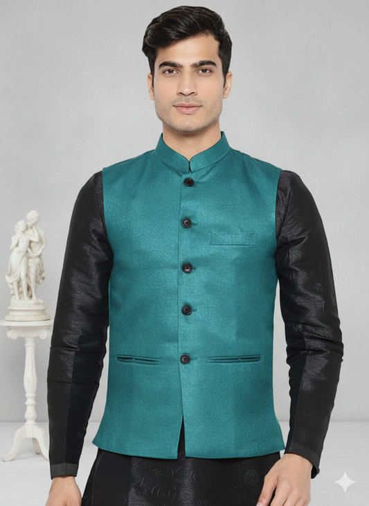Vastraa Fusion Men's Indian Traditional Cotton Solid Nehru Jacket/Waistcoat