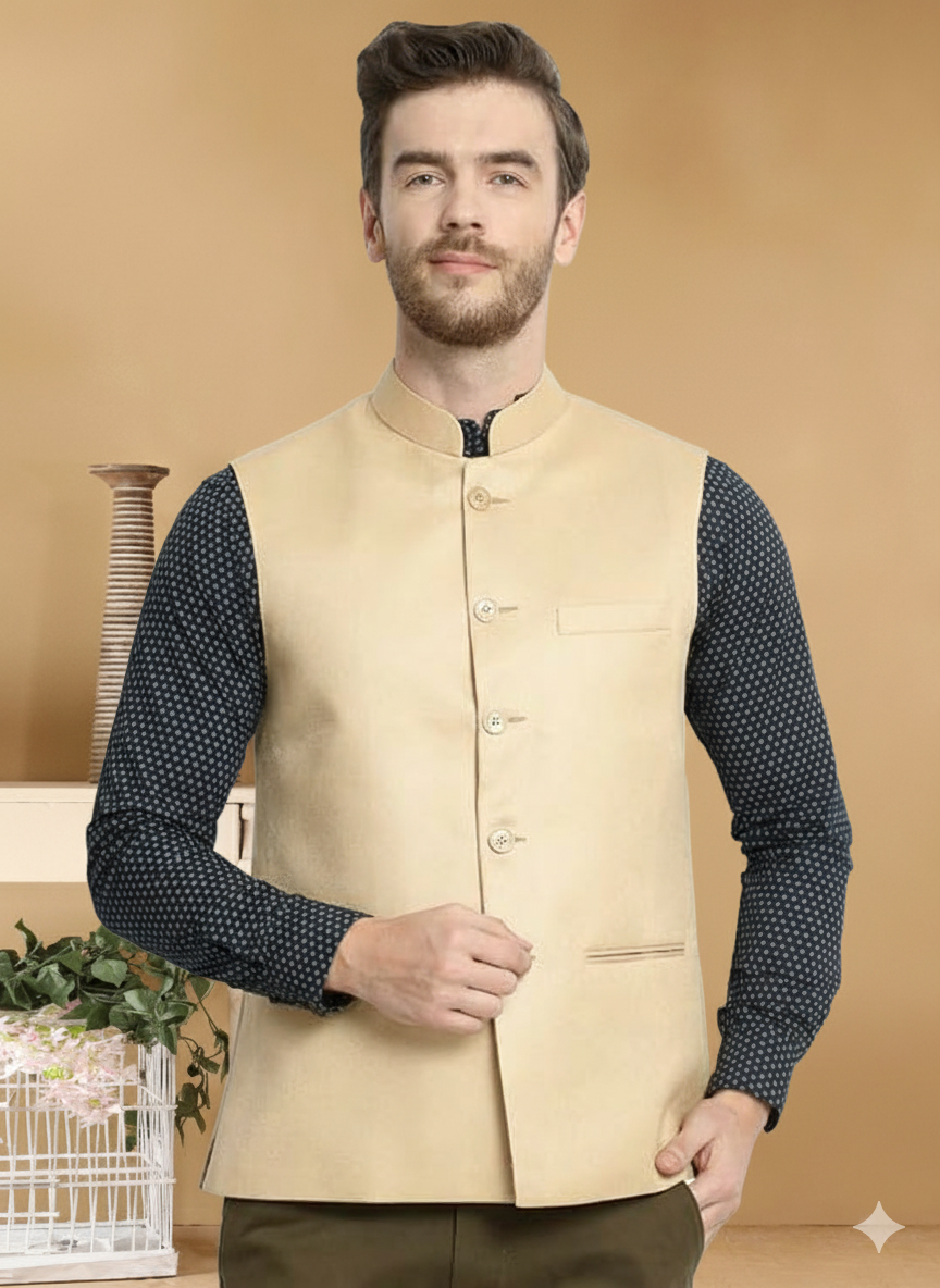 Vastraa Fusion Men's Indian Traditional Cotton Solid Nehru Jacket/Waistcoat
