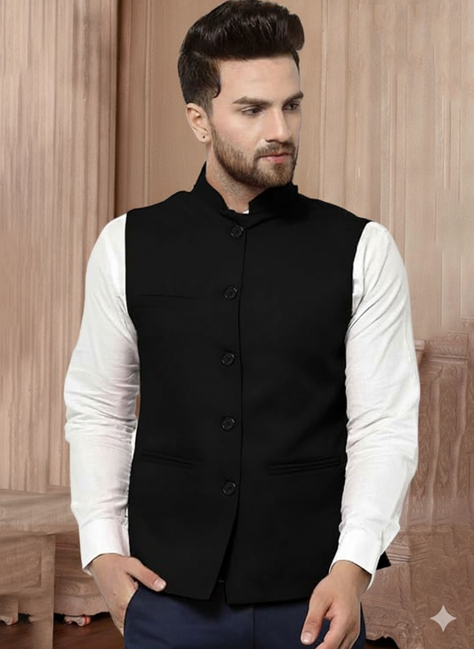 Vastraa Fusion Men's Indian Traditional Cotton Solid Nehru Jacket/Waistcoat