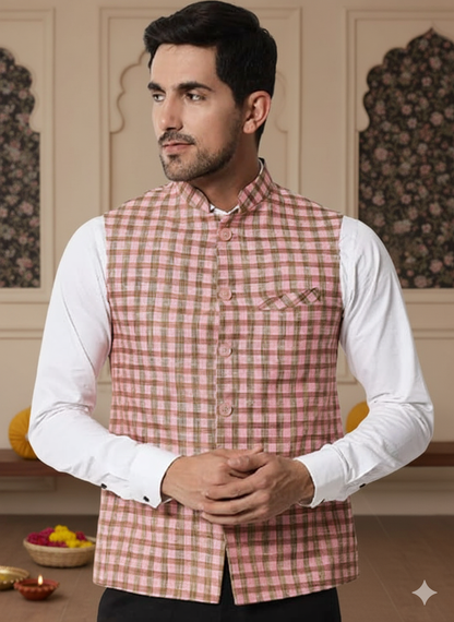 Vastraa Fusion Modi Jacket / Waistcoat - Chabila Block Check Patterns - South Cotton Jacket