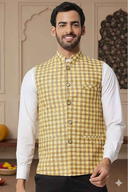 Vastraa Fusion Modi Jacket / Waistcoat - Chabila Block Check Patterns - South Cotton Jacket