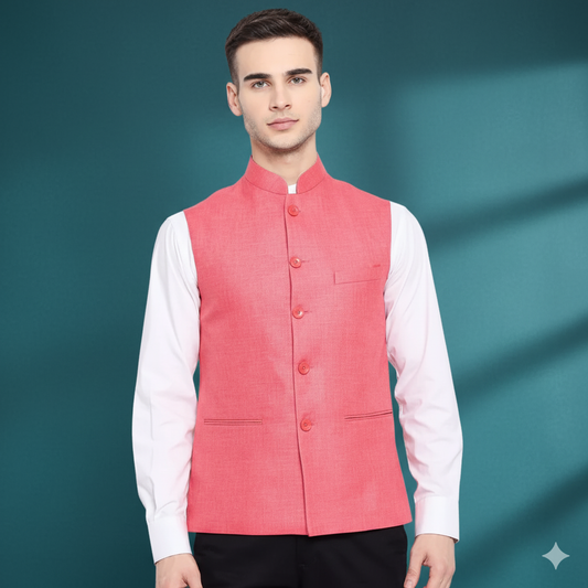 Vastraa Fusion Men's Indian Traditional Cotton Solid Nehru Jacket/Waistcoat