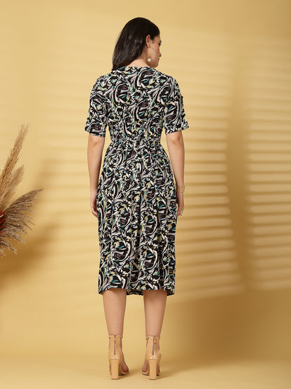 Vastraa Fusion Women's Rayon Floral Printed Midi Flared Dress for Women