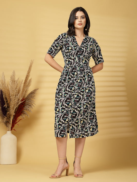 Vastraa Fusion Women's Rayon Floral Printed Midi Flared Dress for Women