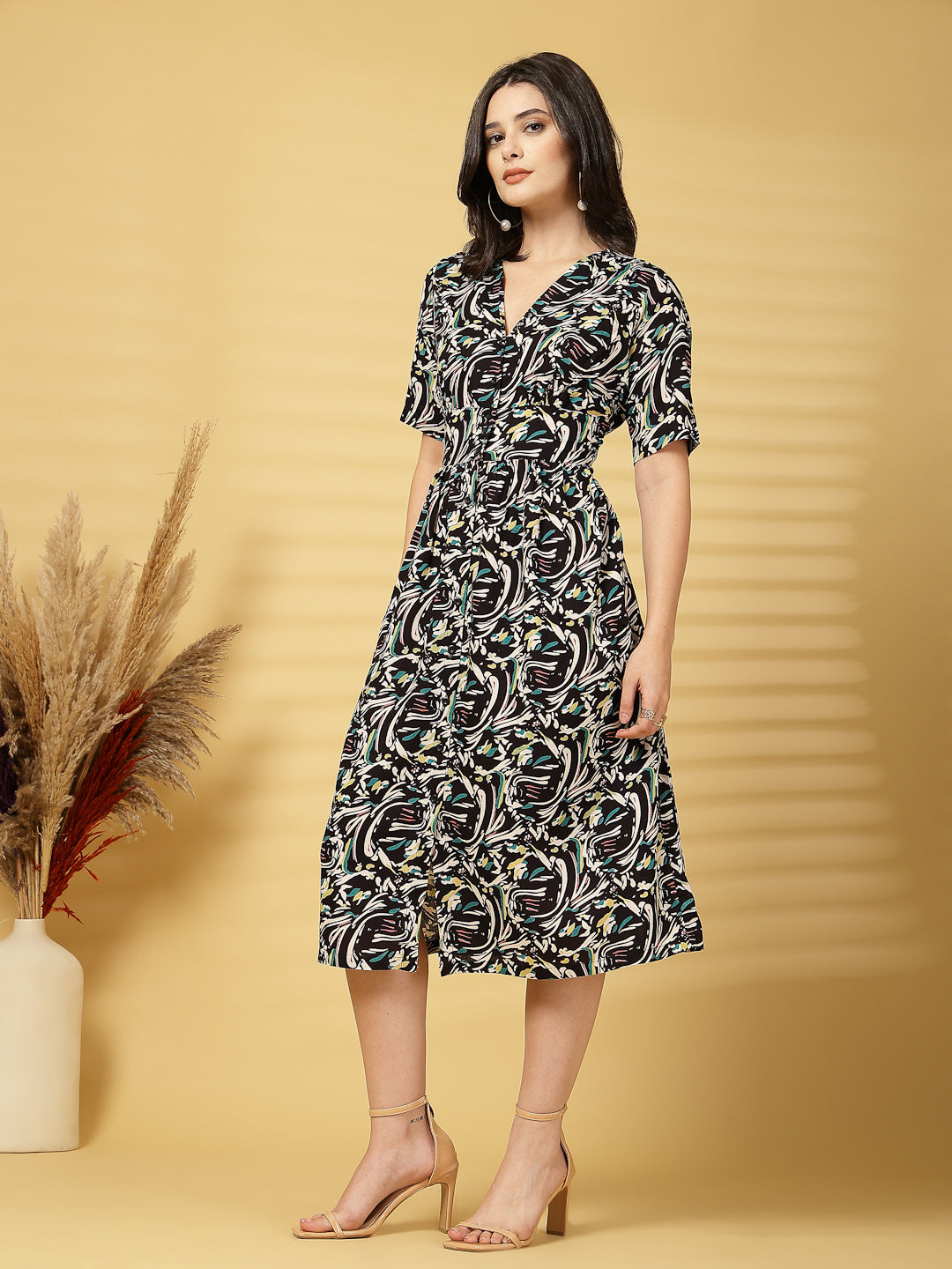 Vastraa Fusion Women's Rayon Floral Printed Midi Flared Dress for Women