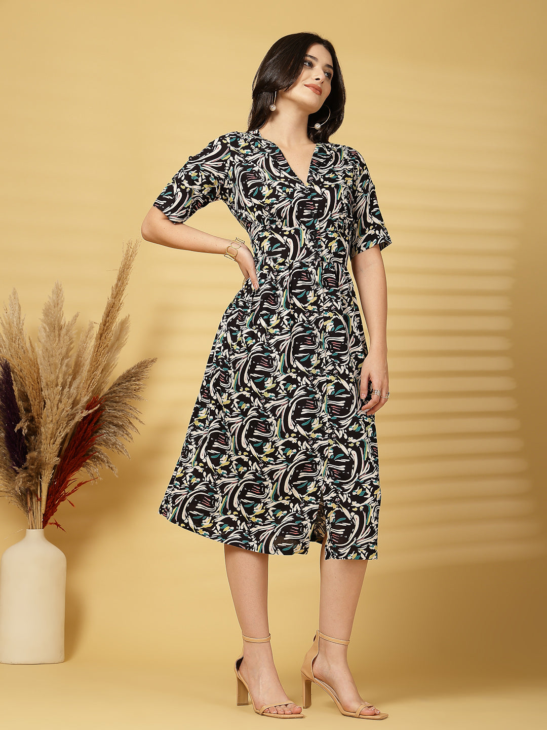 Vastraa Fusion Women's Rayon Floral Printed Midi Flared Dress for Women