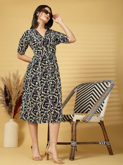 Vastraa Fusion Women's Rayon Floral Printed Midi Flared Dress for Women