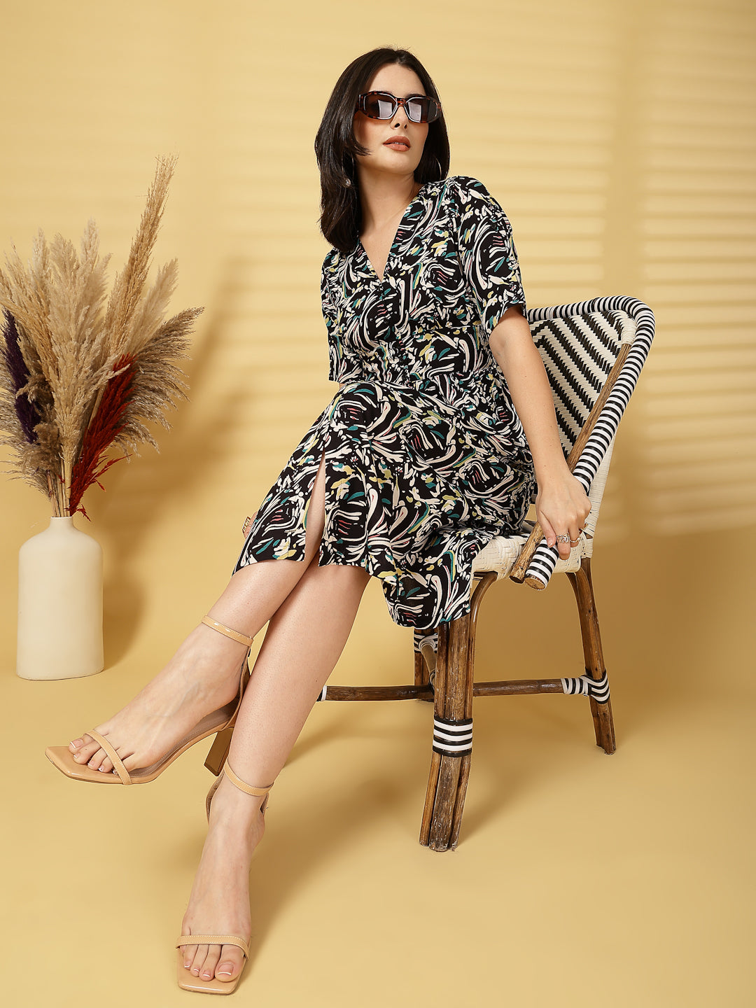 Vastraa Fusion Women's Rayon Floral Printed Midi Flared Dress for Women
