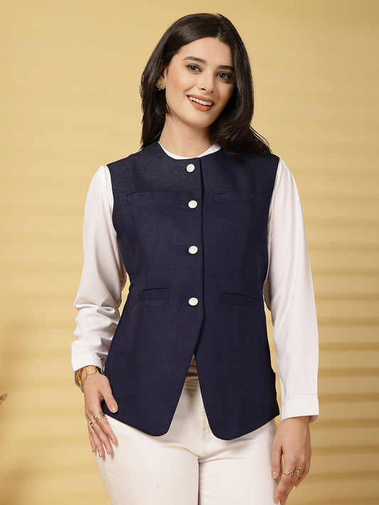 Vastraa Fusion Women's 4 Pocket Jacket Traditional Regular Fit Cotton Solid Jacket/Waistcoat