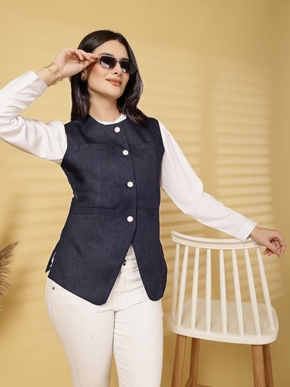 Vastraa Fusion Women's 4 Pocket Jacket Traditional Regular Fit Cotton Solid Jacket/Waistcoat