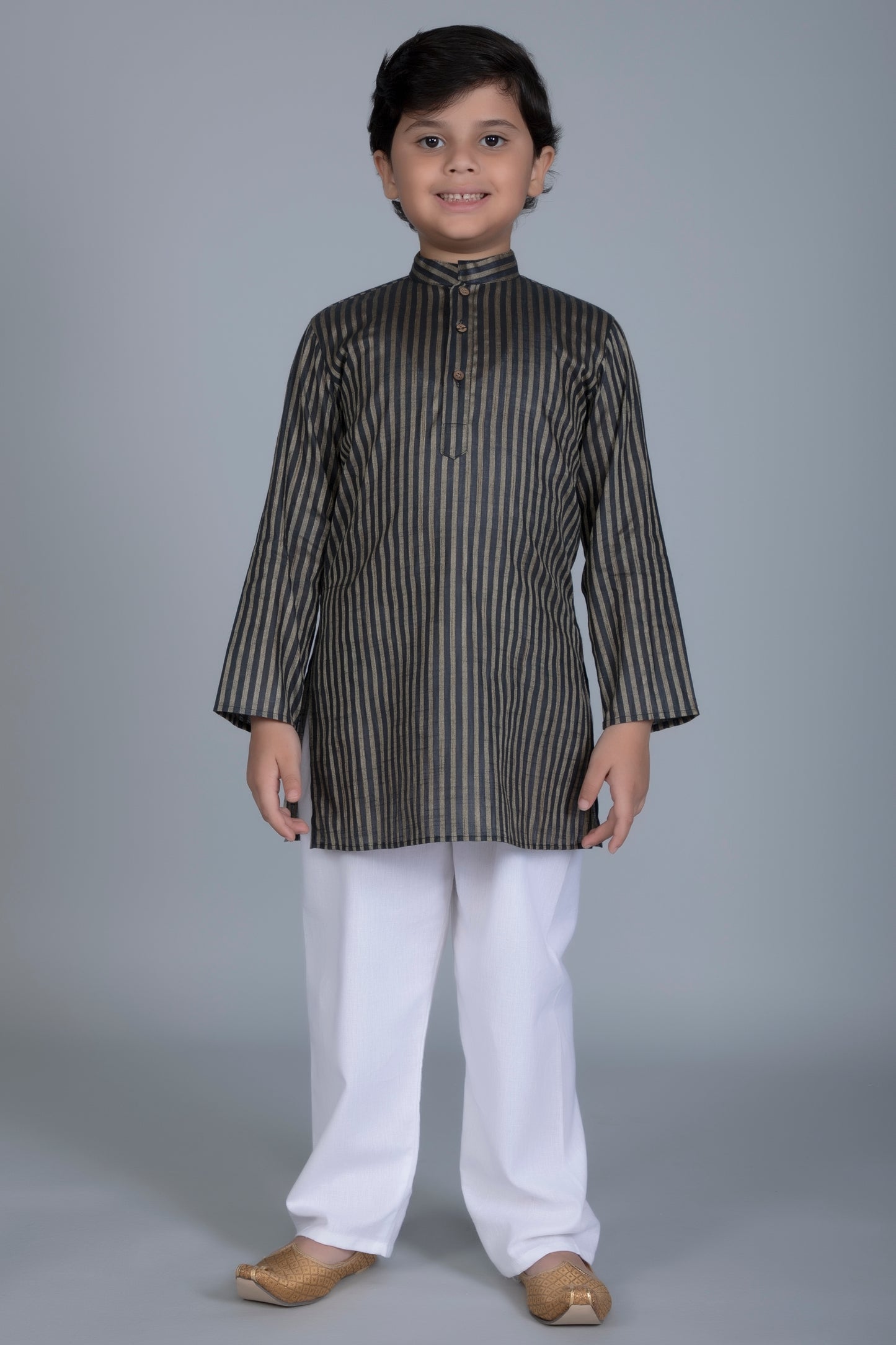 Vastraa Fusion Boy's Gold Line Handloom Weaving Pure Cotton Kurta, Full Sleeves, Wooden Button , Ethnic Wear