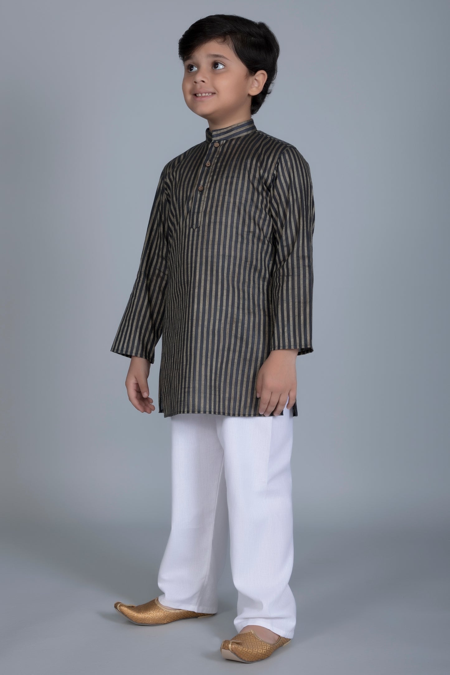 Vastraa Fusion Boy's Gold Line Handloom Weaving Pure Cotton Kurta, Full Sleeves, Wooden Button , Ethnic Wear