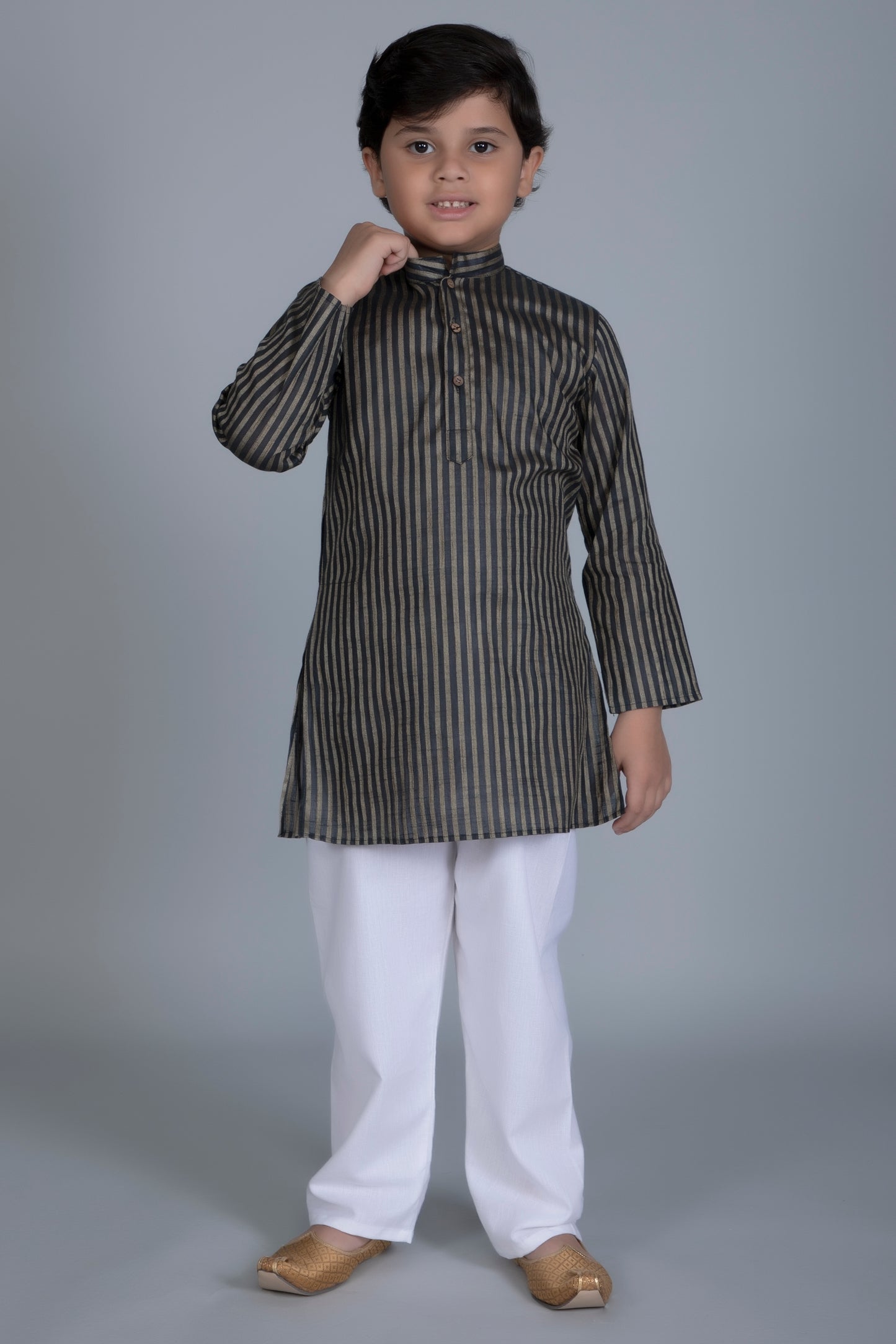 Vastraa Fusion Boy's Gold Line Handloom Weaving Pure Cotton Kurta, Full Sleeves, Wooden Button , Ethnic Wear