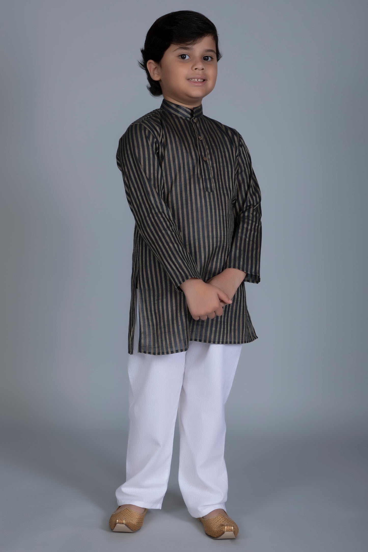 Vastraa Fusion Boy's Gold Line Handloom Weaving Pure Cotton Kurta, Full Sleeves, Wooden Button , Ethnic Wear
