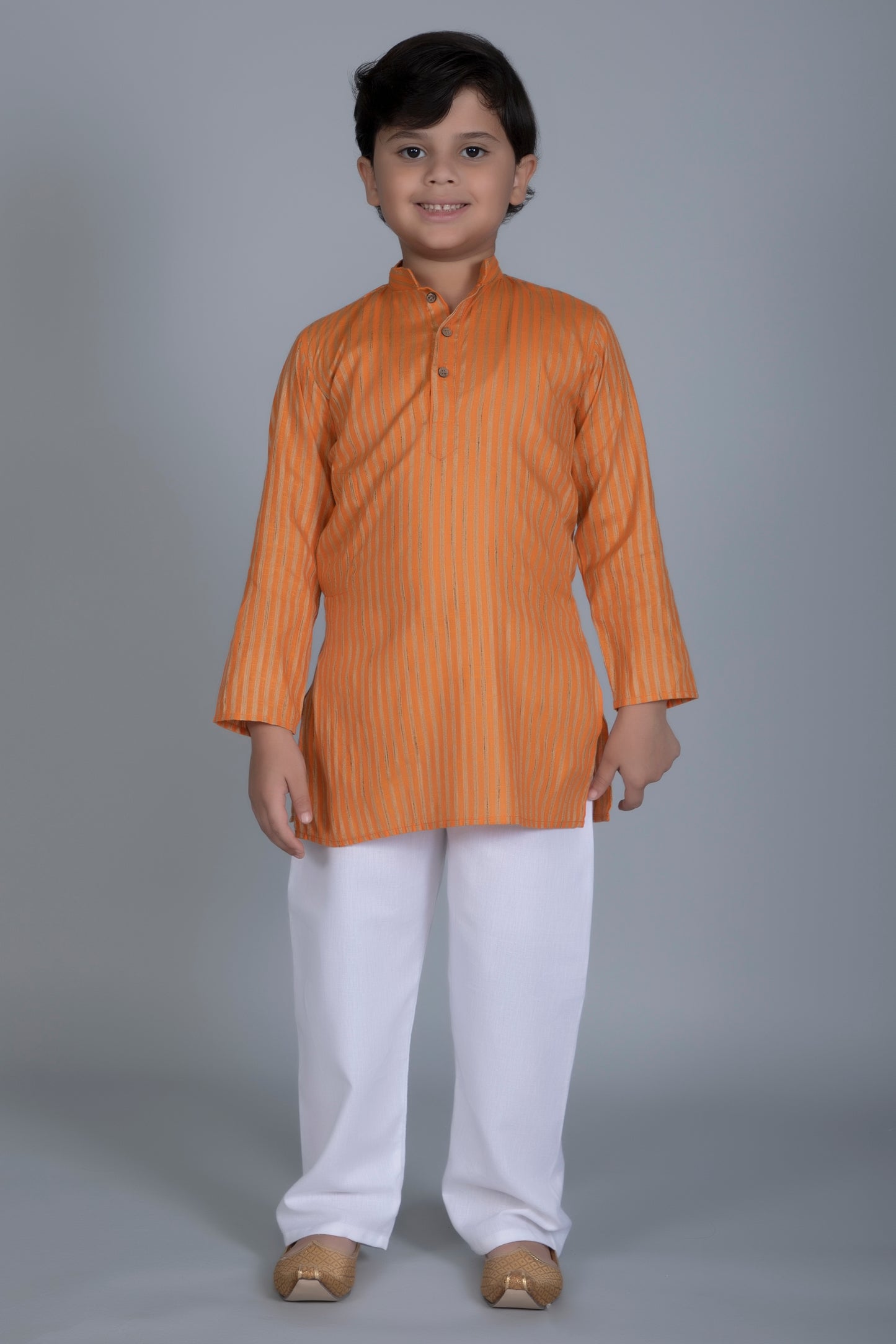 Vastraa Fusion Boy's Gold Line Handloom Weaving Pure Cotton Kurta, Full Sleeves, Wooden Button , Ethnic Wear