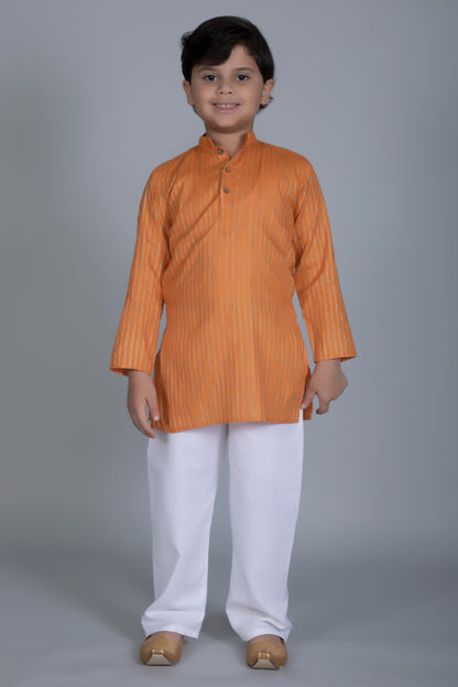 Vastraa Fusion Boy's Gold Line Handloom Weaving Pure Cotton Kurta, Full Sleeves, Wooden Button , Ethnic Wear