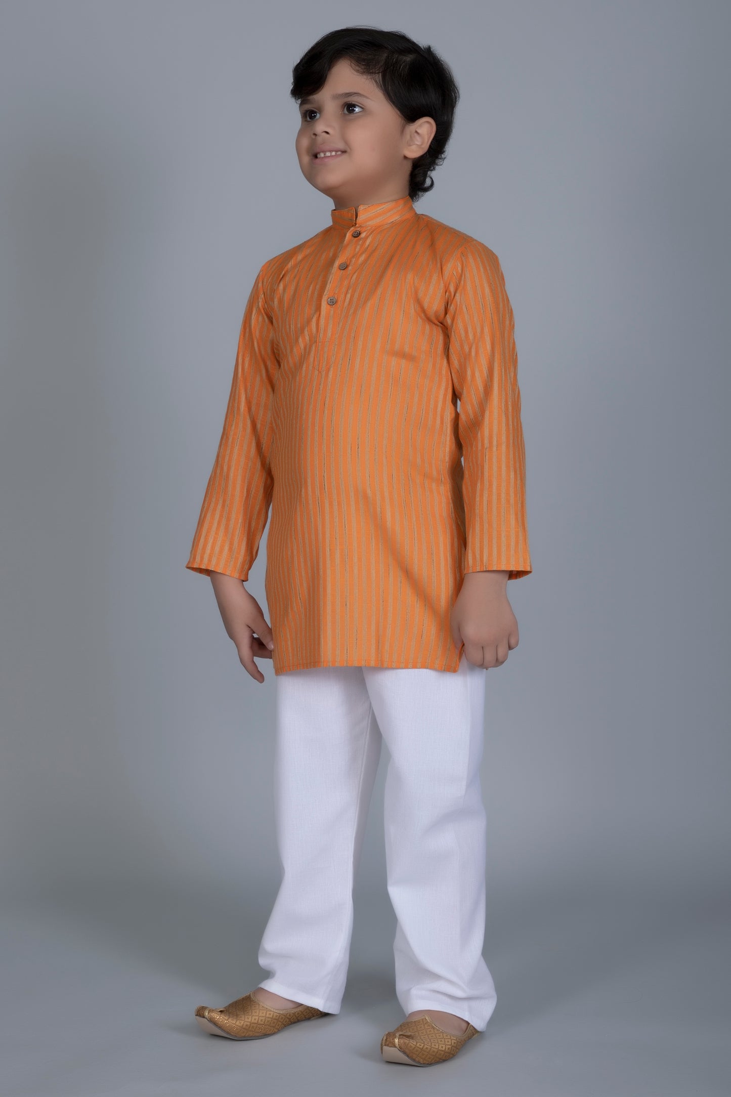 Vastraa Fusion Boy's Gold Line Handloom Weaving Pure Cotton Kurta, Full Sleeves, Wooden Button , Ethnic Wear